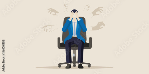 Overwhelmed businessman sitting in office chair with hands covering face