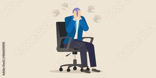 A frustrated man sitting in an office chair overwhelmed with stress and worry