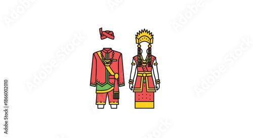 Traditional Indonesian Cultural Attire for Male and Female Figures.