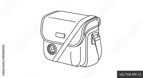 A simple black and white line art illustration of a photographers camera shoulder bag.