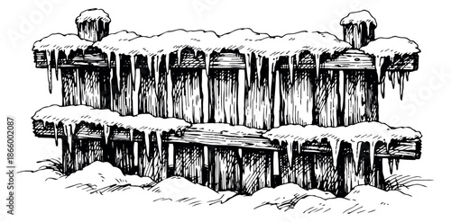 Hand drawn line art illustration of a wooden fence depicting winter snow and icicles for seasonal design