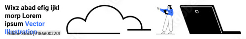 Cloud graphic, person pointing to a tablet. Ideal for technology, connection, hosting, data storage, communication, user interaction, simple landing page