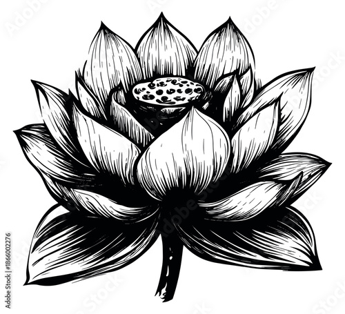 Hand drawn line art illustration of a lotus flower depicting its intricate petals and seed pod for botanical, spa, or spiritual themes