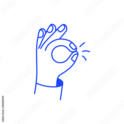 Vector simple linear illustration, hand ok sign, doodle gesture icon and sticker