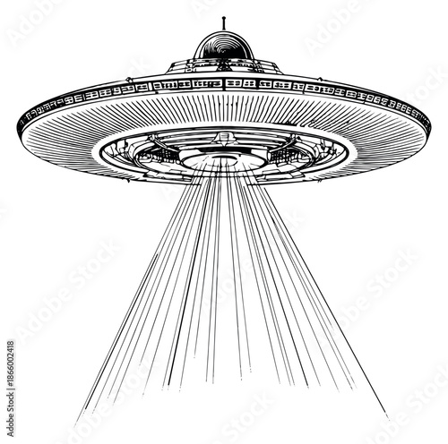 Hand drawn line art illustration of a UFO depicting a light beam for science fiction designs