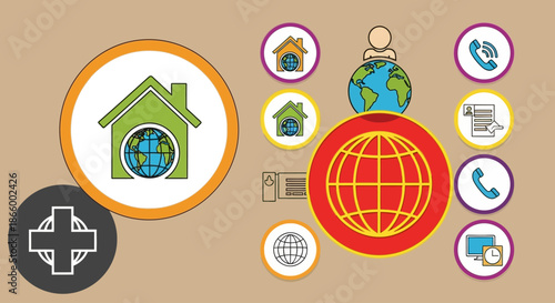 Global communication and remote work concept with internet, home, and contact icons, illustrating online services and digital connectivity.