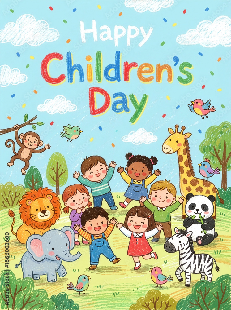 Fototapeta premium Happy Children’s Day Cute Kids and Animals Illustration in Pastel Crayon Style