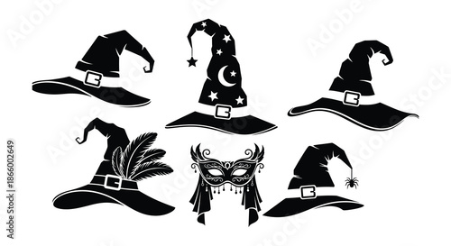 A collection of black witch hats with varying designs and embellishments