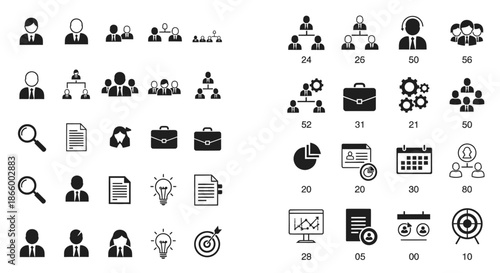 Business and HR Management Vector Icon Set. Black and White Flat Design Collection for Corporate Organization, Teams, and Office Concepts.