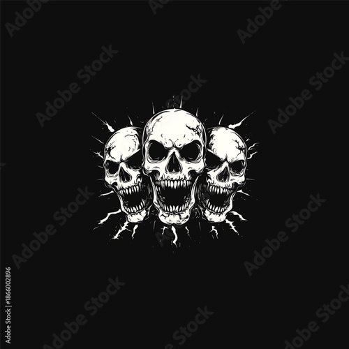 Vintage trio of screaming skulls with tree roots, hand drawn gothic horror skeleton engraving illustration.