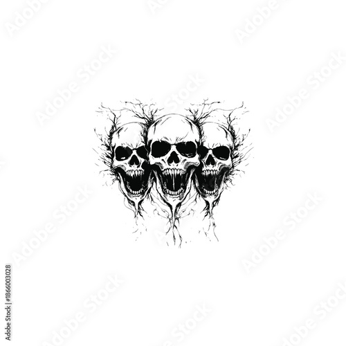 Vintage trio of screaming skulls with tree roots, hand drawn gothic horror skeleton engraving illustration.