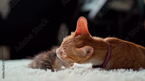 Orange tabby cat licking kitten