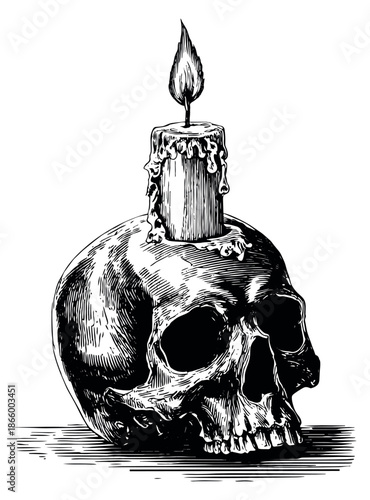 Hand drawn line art illustration of a human skull depicting a burning candle for memento mori or gothic designs