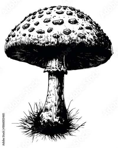 Hand drawn line art illustration of a mushroom depicting its natural form for botanical designs