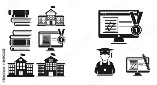 Education Icons Set: School Buildings, Stacked Books, E-learning, Online Courses, Graduation, and Academic Achievement Symbols.