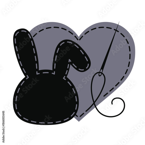 Silhouette of hare bunny head and heart with interrupted contour. Copy space animal vector illustration of handmade work with embroidery thread and sewing needle on white background.	