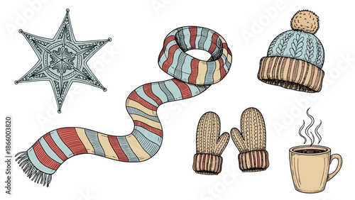 A collection of winter accessories including a hat, scarf, gloves, and a hot beverage, with a decorative star, on a clean white background.