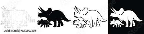Mother and baby triceratops walking together, depicted in various graphic styles