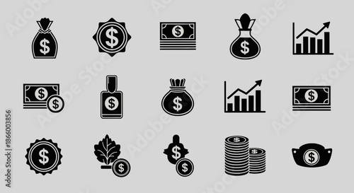 Collection of financial icons representing money, economy, business, wealth, investment, and growth with dollar signs, cash, coins, and charts.