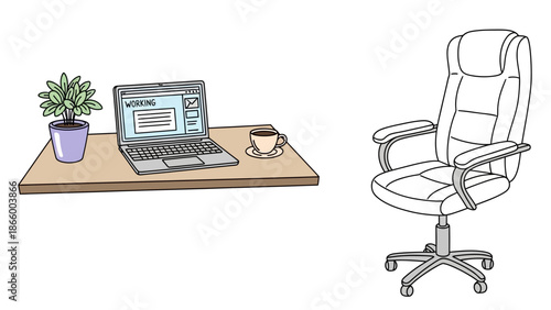 A modern office chair beside a wooden desk with a laptop, plant, and coffee cup