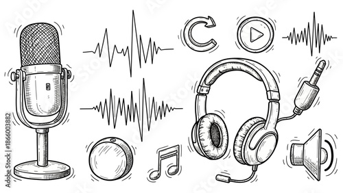 A collection of audio equipment and accessories including microphones, headphones, and sound waves, illustrated in a simple black and white style.