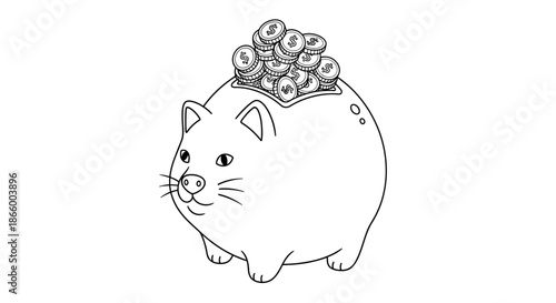 Cute cat-shaped piggy bank overflowing with dollar coins, representing saving money, finance, investment, and financial planning. Black and white line art illustration.
