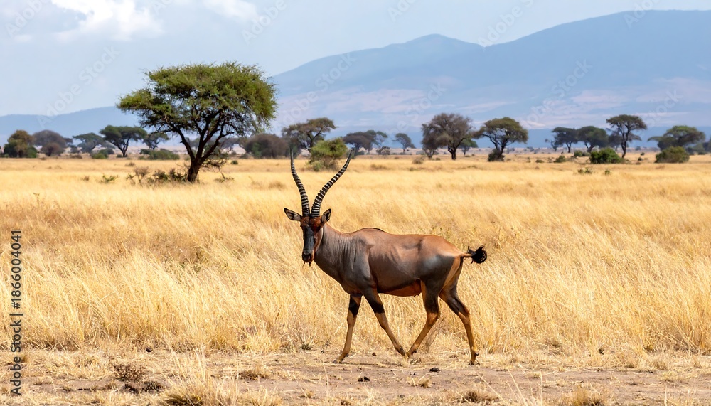 Fototapeta premium Majestic Hartebeest Strolling Through the African Savannah Landscape.