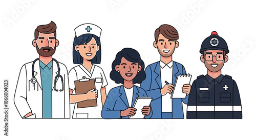 Diverse group of essential workers doctors nurses police and professionals