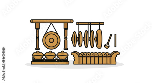 Gamelan Ensemble: Traditional Indonesian Percussion Instruments with Gongs and Metallophones.