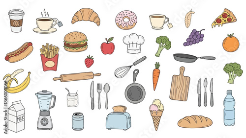 Assorted food and kitchen items illustration on a white background