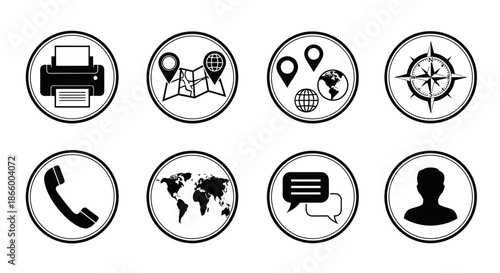 Website Contact Us and Communication Icons Set: Business Navigation, User Profile, Printer, Phone, Map & Speech Bubble Symbols