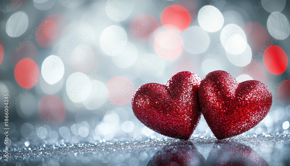 Obraz premium Valentine Day theme with shiny red heart shapes on a white background set in soft focus creating a bokeh effect around copy space