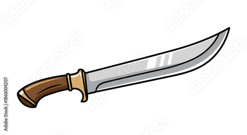 Cartoon Illustration of a Curved Hunting Knife with Wooden Handle.