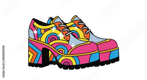 Colorful Platform Shoes with Psychedelic Patterns Vintage Style Footwear.