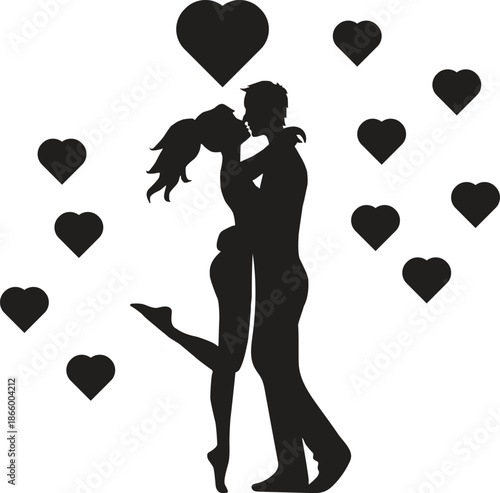 Silhouette vector illustration of a romantic couple holding hearts with a girl and boy in love for Valentine card design