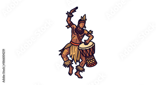 Cartoon Illustration of a Native Dancer Playing Drum.