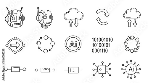 A collection of technical icons representing artificial intelligence and data processing concepts illustrated in a minimalist style
