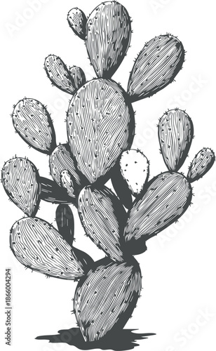 minimal opuntia cactus drawn as a clean black vector outline with round segmented pads and delicate spine contours