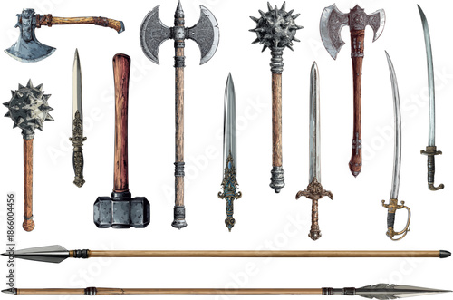 Large collection of medieval cold steel weapons including swords axes spears maces and hammers for game design or history projects