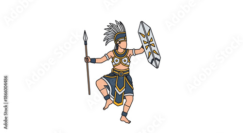 Warrior with Headdress Spear and Shield in Action Pose.