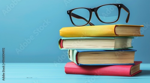 Stack of Colorful Books with Glasses on Top