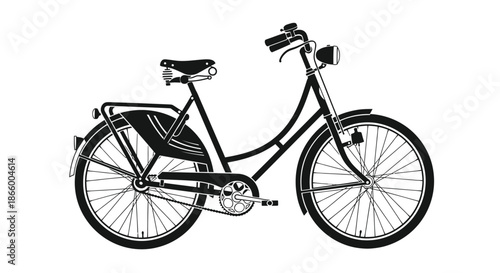 A classic black and white illustration of a vintage step-through city bicycle with a rear rack.