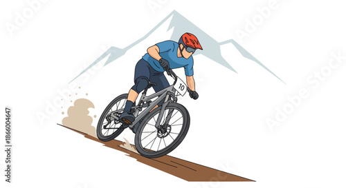 Mountain Biker in Helmet Descending Dirt Trail.