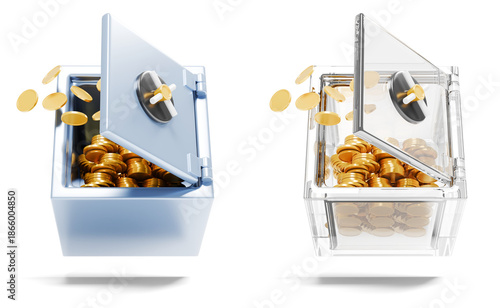 Levitating 3D opened safe deposit box illustration, 3D gold coins stored in a safe deposit box
