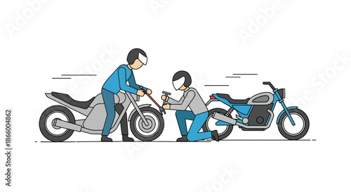 Two Mechanics Repairing Motorcycles One Modern and One Classic in a Detailed Vector Illustration.