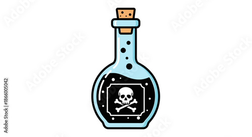 A cartoon illustration of a glass poison bottle with a skull and crossbones warning label.