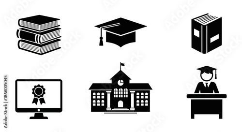 Modern Education Icons Set: Academic Books, Graduation Cap, School Building, Online Learning, Student Symbol