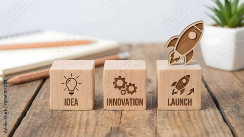 2025 Economy Recap and 2026 Business Planning: Flipping Wooden Blocks with Idea Icons for Strategic Financial Growth