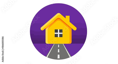 Illustrative yellow house icon with road leading to it, set within a vibrant purple circle, symbolizing home, property, address, and location.