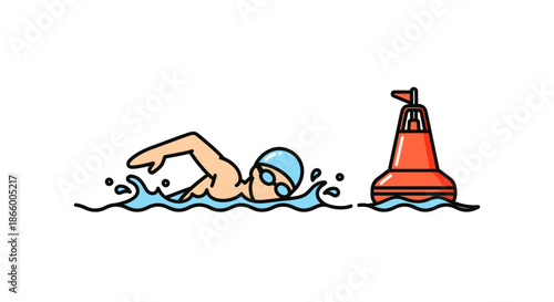 Athlete swimming freestyle stroke next to a red navigation buoy in water.